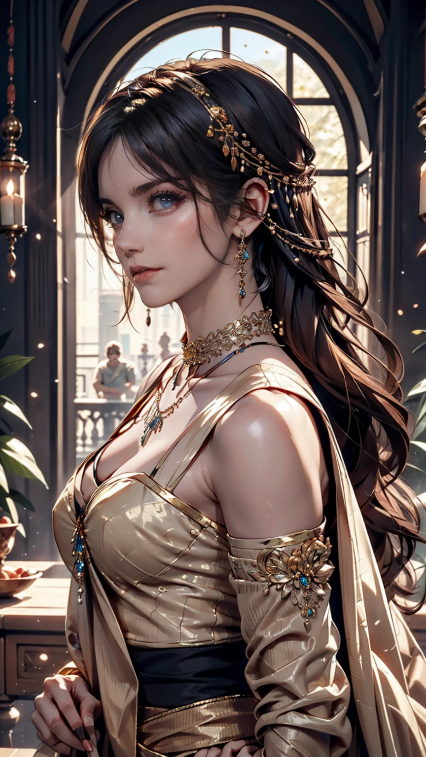 Arabian woman wearing a sari and a necklace, Complex set, Jeweled, Wearing something complicated, Elaborate jewellery, with Intricate details, Complicated costumes, Wearing elegant jewelry, Intricate details. from the front, Black Jewelry, Elaborate jewelry, high Intricate details, Hand Jewelry Model Photos, Close-up portrait, Complex beauty, Exquisite Jewelry, side view Intricate details