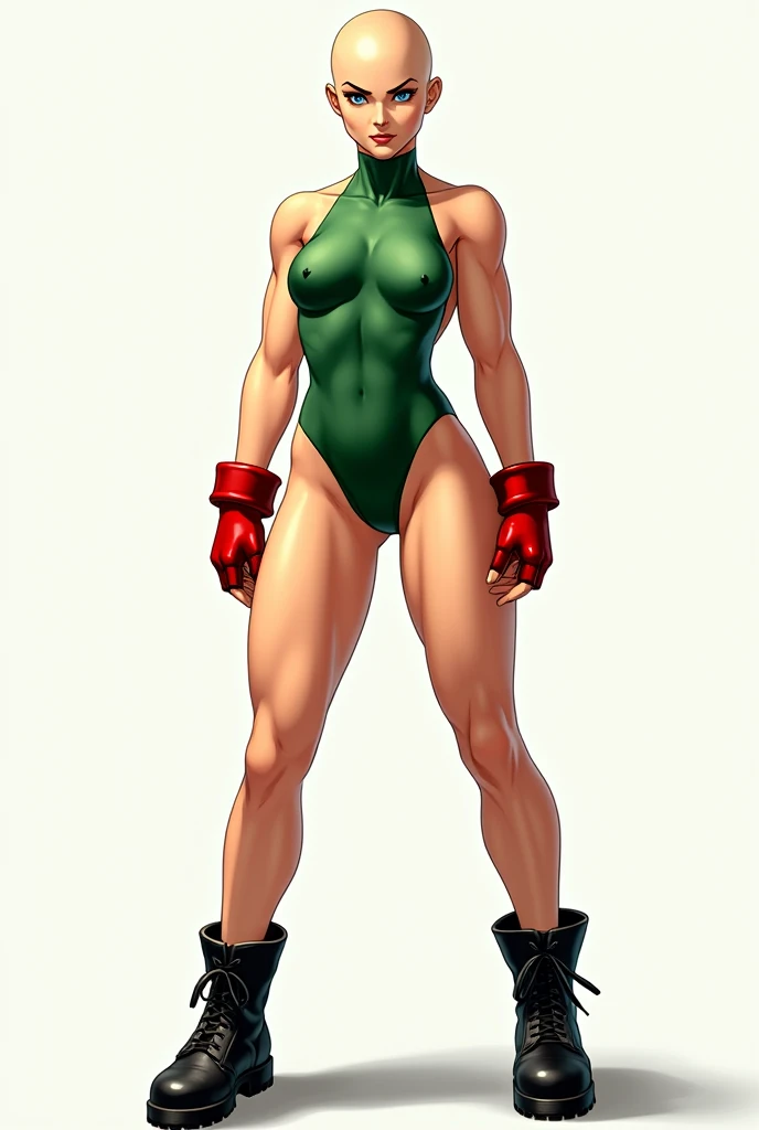 Full body Cammy White The character has light skin, blue eyes, and bald no hair . She is a green leotard, red fingerless gloves, and black combat boots.