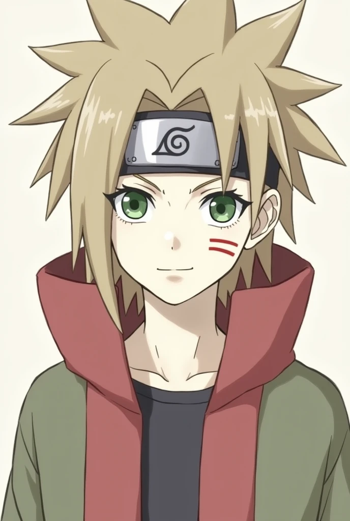 Create a character with the following characteristics: Pale Skin: has very pale skin, almost white. hair: Her hair is a light brown color and is quite messy., usually in peaks. eyes: He has green eyes with a mark on his neck with the clan mark.. He has a headband from the Sand Country of Naruto on his head.