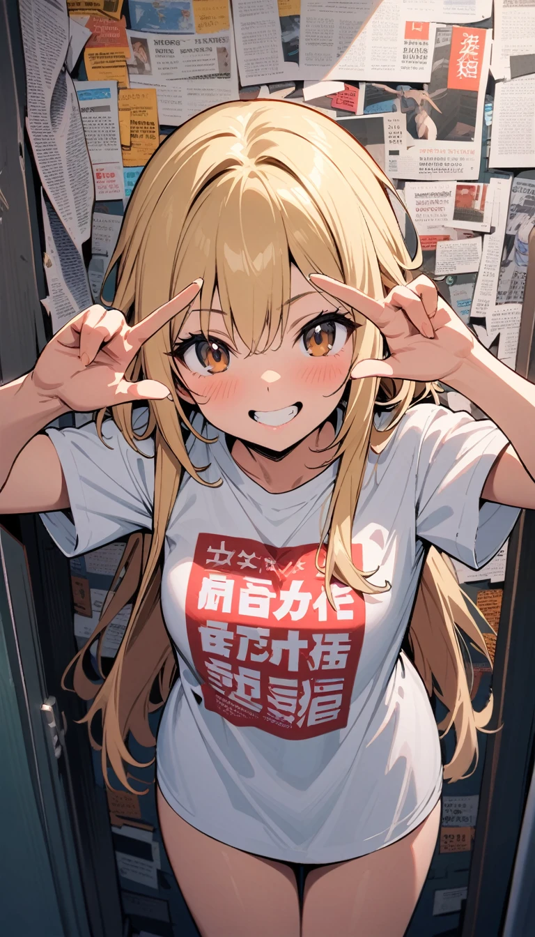 ((best quality)) , ((masterpiece)) , (detailed),Asuna Yumura from Kyo Stafford's "Sınızen no Eisetsu" in a white t shirt with the word 'O书法家' on it, smiling and doing a peace sign pose, posing against a wall of colorful newspaper clippings, with long blonde hair and brown eyes in a full body shot, in the style of anime.