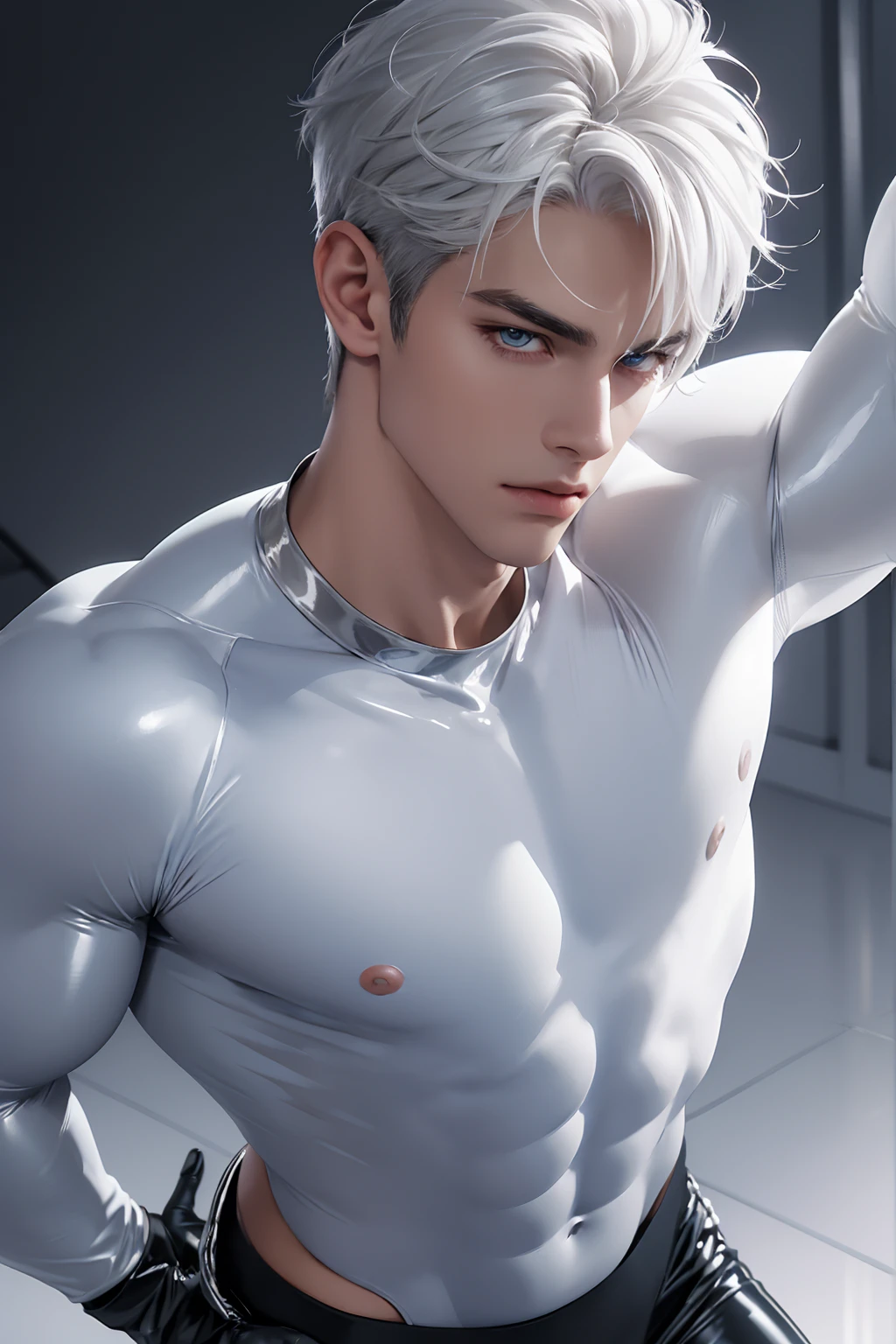 Ultra wide angle，Full body photorealistic 4k, high resolution, best quality, masterpiece, perfect color, perfect shade, perfect lighting, Posted by e621, ((portrait)), ((handsome man)), perfect male figure, Short hair details，chest muscles，abdominal muscles，wearing white and silver tight fit latex spandex and gloves，Detailed face, perfect face, (stood up), Detailed background, ((Bonifasco Lighting)), (delicate eyes),),white hair