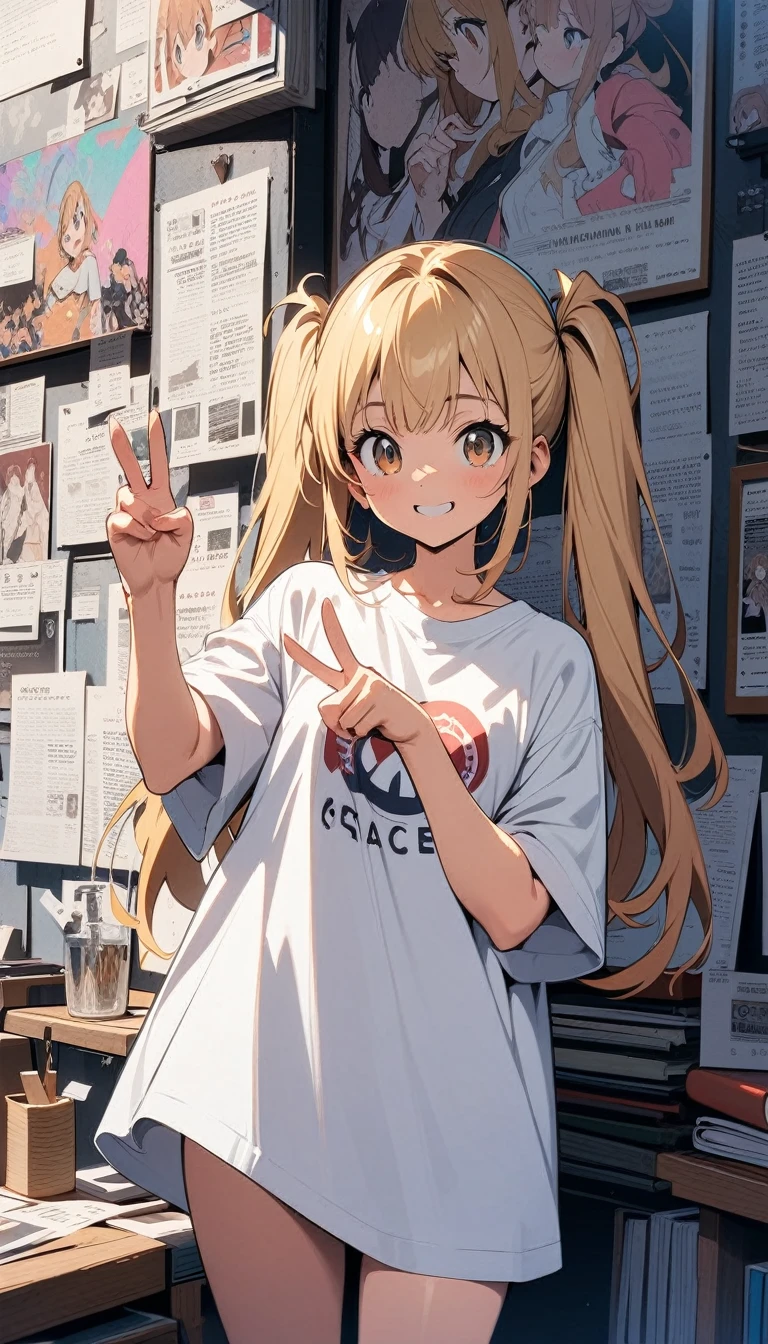 ((best quality)) , ((masterpiece)) , (detailed),Asuna Yulmano from the anime "Suzume no Notes" is wearing an oversized white t shirt with her long blonde hair tied in two pigtails and bangs, she has brown eyes, standing against a wall covered in newspaper clippings of works in the style of Kyoifsen, smiling at camera while making a peace sign with her hand, colorful background, in an anime style.