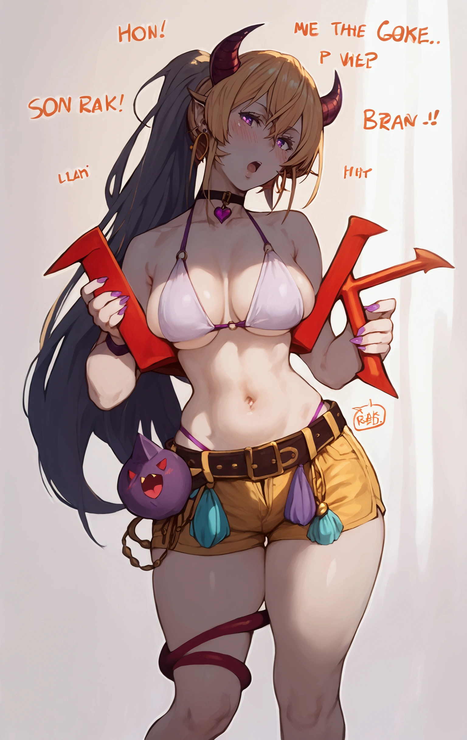  (asura art styel:0.7), score_9, score_8_up, score_7_up, score_6_up, erina nakiri, blonde hair, long hair, purple eyes, BREAK  Anime Style, Manga Style, Hand drawn, cinematic, Sharp focus, humorous illustration, big depth of field, Masterpiece, concept art, trending on artstation, Vivid colors, Simplified style, trending on ArtStation, trending on CGSociety, Intricate, Vibrant colors, Soft Shading, Simplistic Features, Sharp Angles, Playful BREAK, large breast, sagging breast, 1girl, breasts, horns, shorts, solo, bikini, english text, navel, tail, swimsuit, demon horns, belt, yellow shorts, choker, black nails, demon tail, jewelry, earrings, looking at viewer, open mouth, demon girl, thigh, thick, short shorts, blush, thighs, 1-k, 