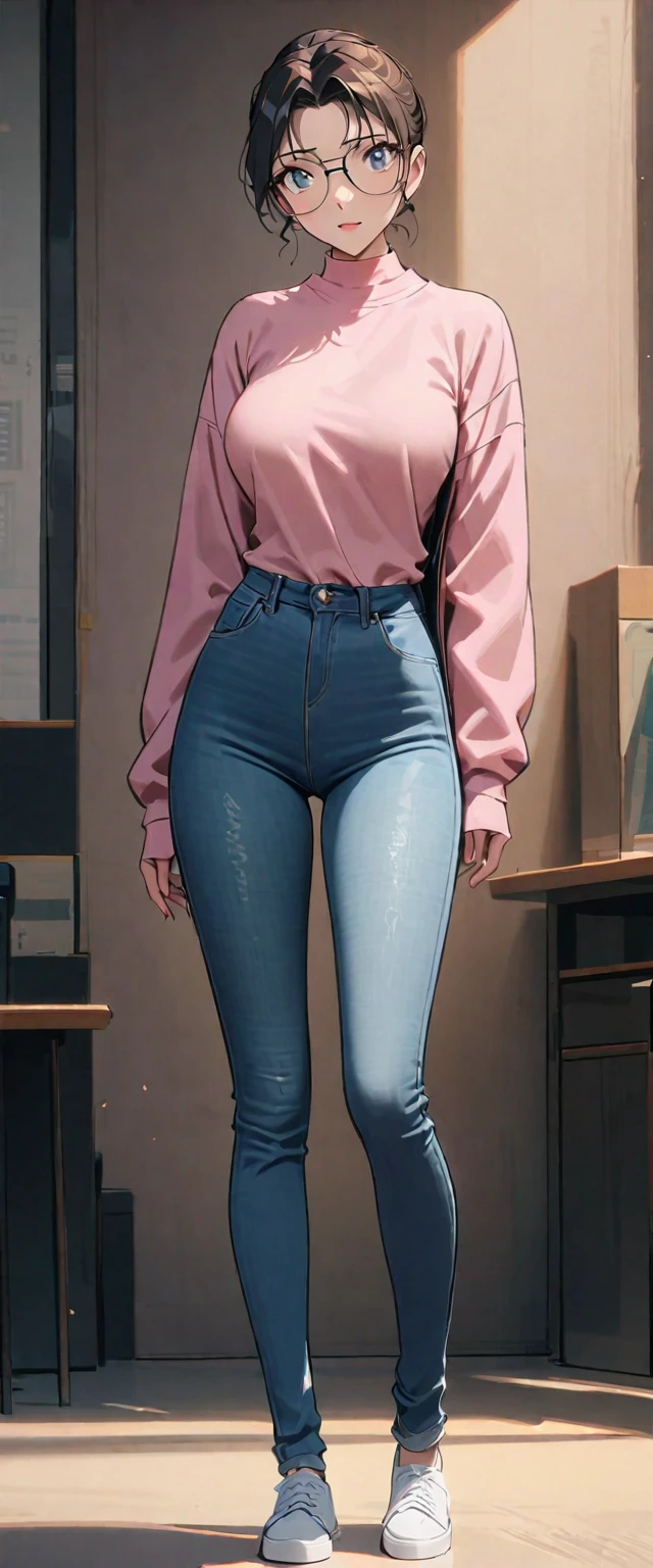 Beauty，individual，（棕色头发Beauty，aldult，18 years old，Height 1.7 meters，Wearing glasses，full-body shot：1.4），Best quality masterpiece，Wearing pink jacket and jeans，Perfect body，Full breasts，Golden ratio body
