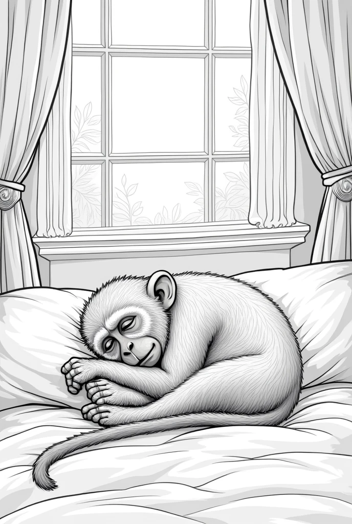 Sleeping monkey in a bed room black and white high details with bedsheet bed room background with windows sun light mandala style