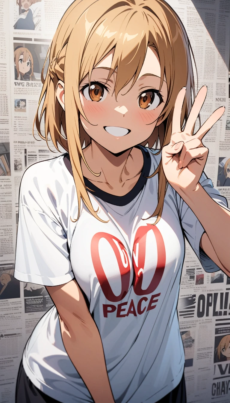 ((best quality)) , ((masterpiece)) , (detailed),Asuna from "Sword Art Online", wearing a white t shirt with the word 'O V' on it, making a peace sign and smiling at the camera, background is a newspaper wall, in the style of anime.