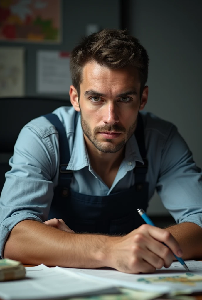 There is young electrical engineer that he is in germany recently he has his small factory fundet and he is now really series
And there is some important papers around him and some euro he look liked series and hard work and he has no beard and he is looking to his desk
And he wear workclithes
Look to his desk
Make his face serious
And he is 33 yo