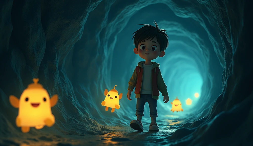 Prompt:
Max, with a look of wonder and trust, follows small, glowing creatures through winding tunnels. The creatures emit soft, musical chimes, and Max's face is lit with curiosity.