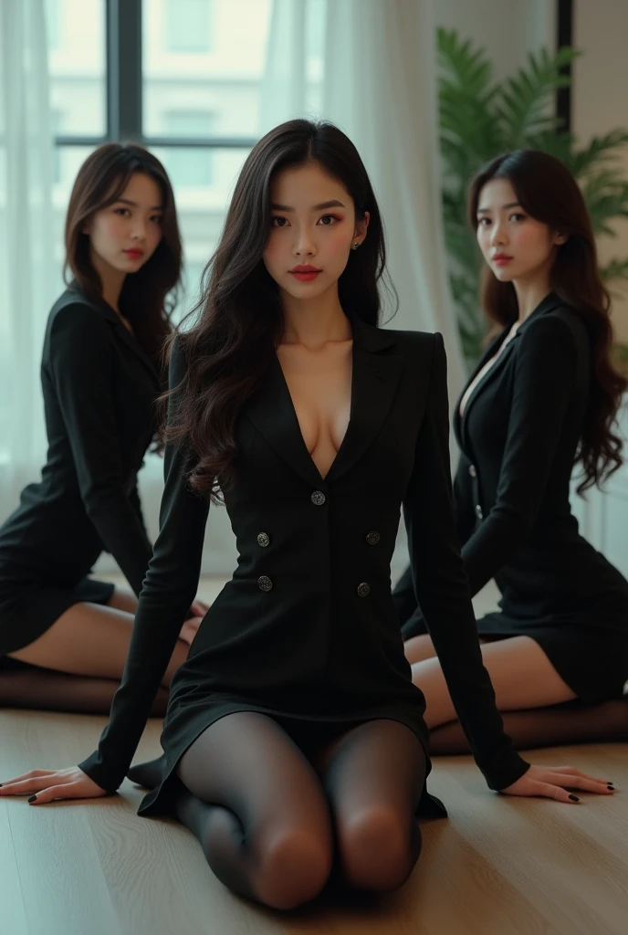 Beautiful woman with long legs, secretary in suit, bare legs, tight skirt, all women with different faces, Korean and Japanese5There are two people inside, all wearing black tights, all on all fours.