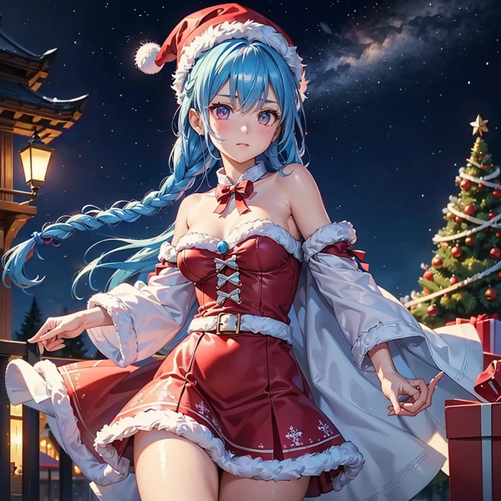 (Sky blue hair),(Braided Hair), (Pink Eyes),Fair skin) ,(whole body),(One Girl),(Gift boxes filling the background),(Santa Claus clothes),Santa Claus hat,(Christmas Party),(masterpiece, Highest quality, Very detailed, Best Shadow), (Detailed Background), (Beautifully detailed face), High Contrast, (Best lighting, Very delicate and beautiful), ((Cinematic Light)), Hyper Detail,8k, Dramatic Light, Intricate details,night,The background is a Western-style castle