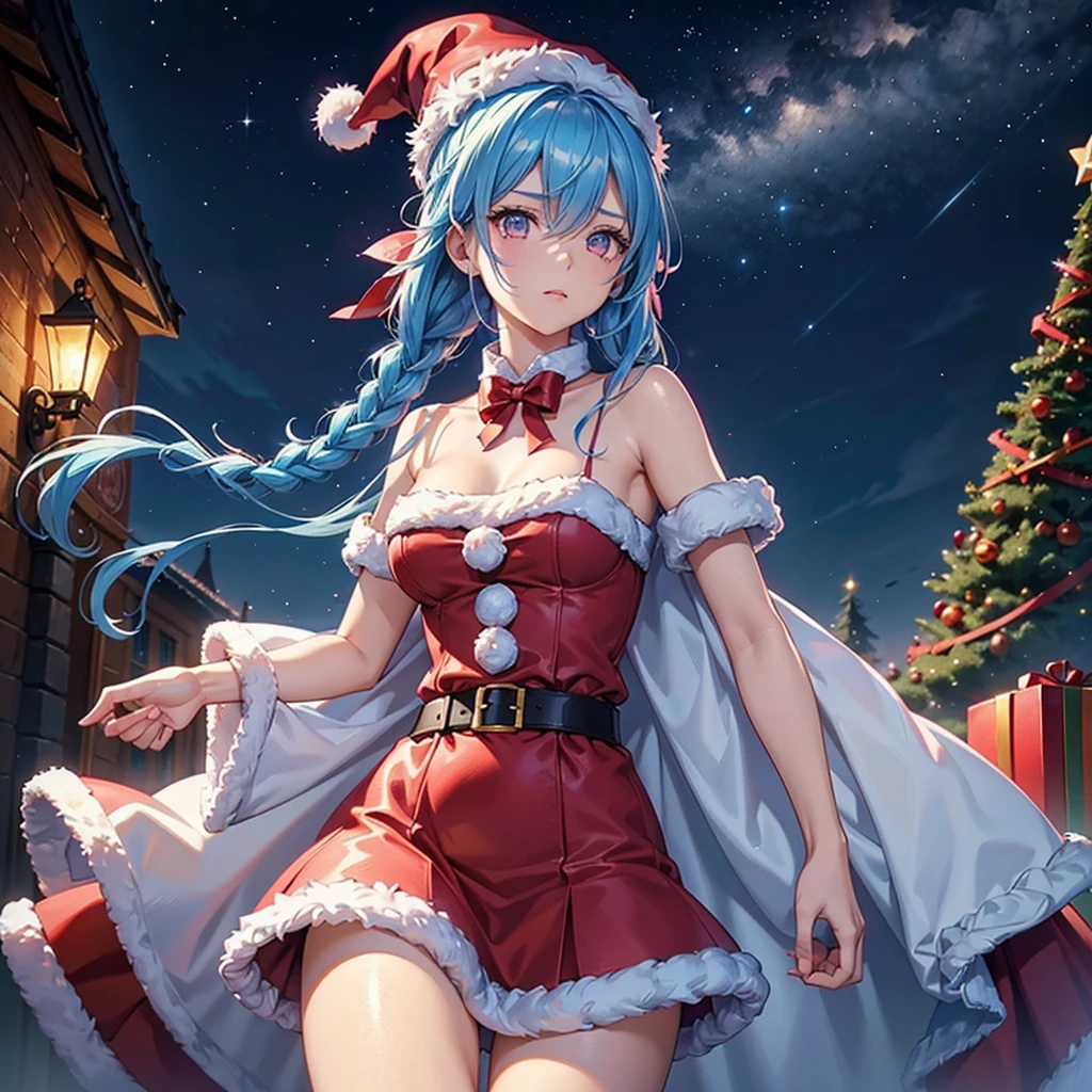 (Sky blue hair),(Braided Hair), (Pink Eyes),Fair skin) ,(whole body),(One Girl),(Gift boxes filling the background),(Santa Claus clothes),Santa Claus hat,(Christmas Party),(masterpiece, Highest quality, Very detailed, Best Shadow), (Detailed Background), (Beautifully detailed face), High Contrast, (Best lighting, Very delicate and beautiful), ((Cinematic Light)), Hyper Detail,8k, Dramatic Light, Intricate details,night,The background is a Western-style castle