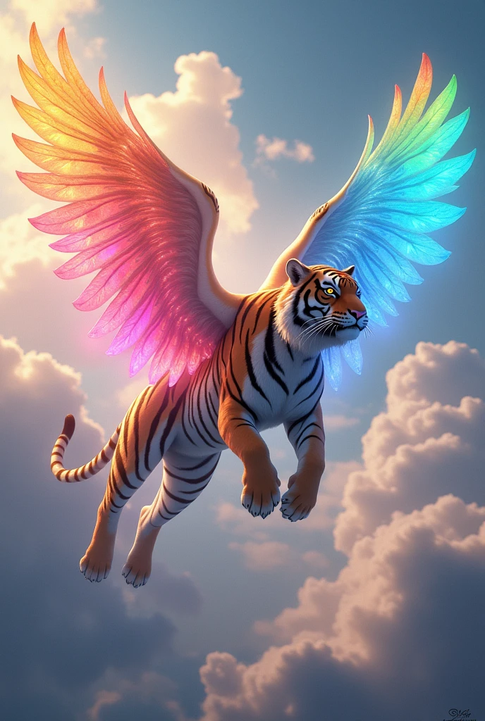 Give me a flying tiger with wings with rainbow colours