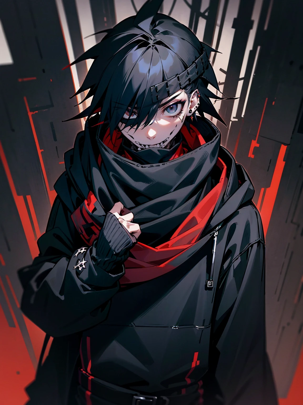 1male, adult, messy hair, black hair, spiky hair, beanie, hood on head, black eyes, red skull mask, eye piercing, lazy expression, black techwear jacket, black sweatpants, lean build
