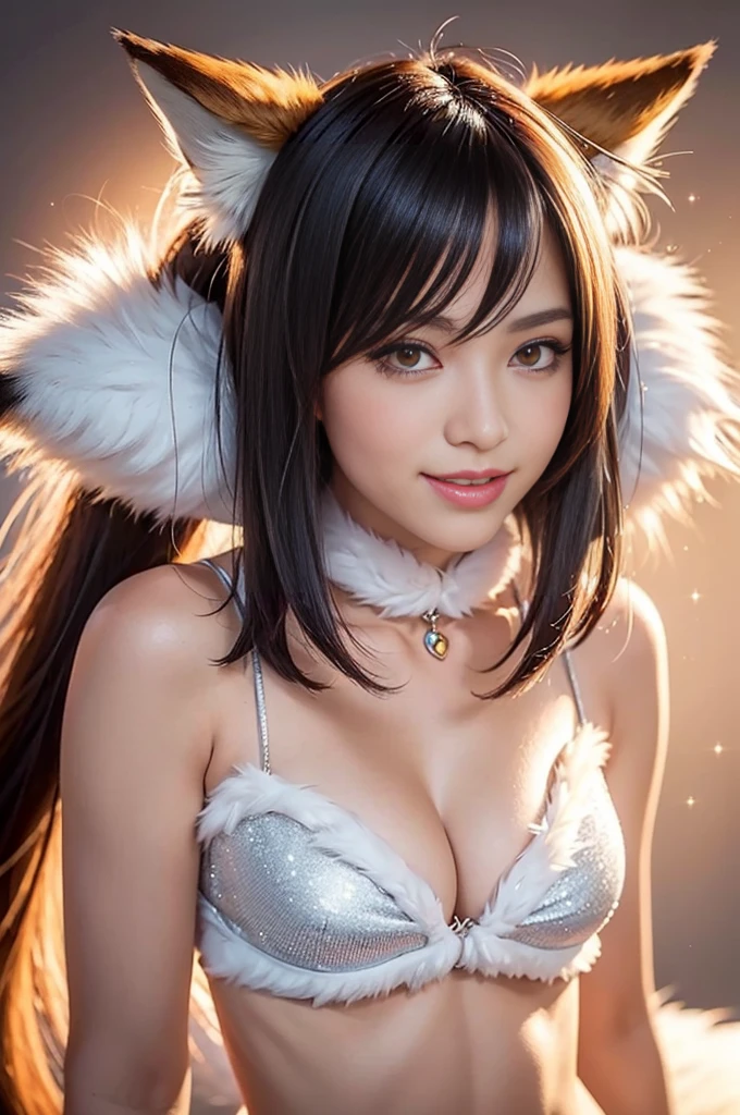 sexy swedish model, (-anime), only 1 model, very short hair, beautiful smile, lip-gloss, long lashes, defined eyebrows, long fur fox color scheme, ((long fur fox cosplay)), fox ears, fox tail, fox choker, look at the camera, cinematic light, (sparkling long fur background), sweet and sexy pose