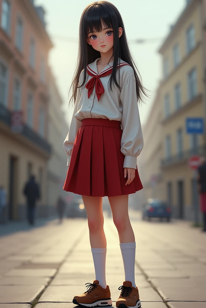 (Gadis Russia、13 years old、Same height:1.2), Highest quality, very detail, masterpiece, realistic, foto realistic, Shooting the whole body from a distance、((smile:1.7))、((Gadis Russia yang sangat detail)), (((Try lifting your own skirt:1.5))), (Pick up your own skirt), (((masterpiece)))、 ((Detailed skin))、Natural Makeup、blushed、lips open, big breasts, open shirt buttons, looking at the audience, Elementary School Uniform、Red pleated skirt、Ribbon tie、Knee high socks、Brown Nike Shoes、Russia、city、Long black hair, skinny legs、2 Feet、fair skin、Shy、naked、((Young elementary school students))