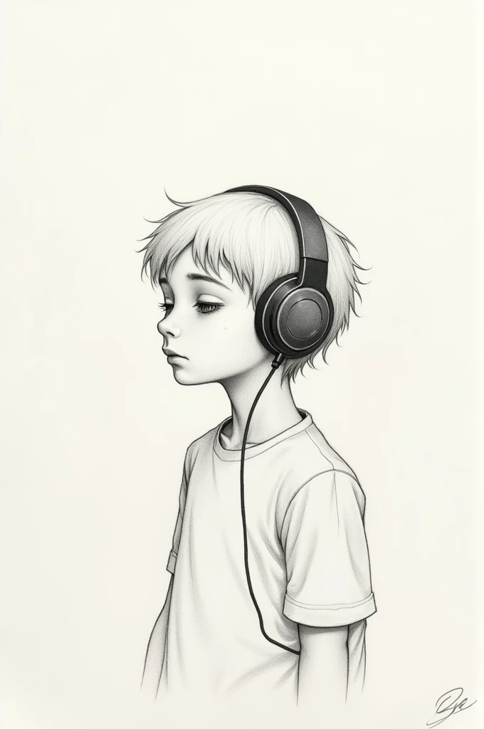 A lonely boy enjoying music on headphones simple pencil drawing
art