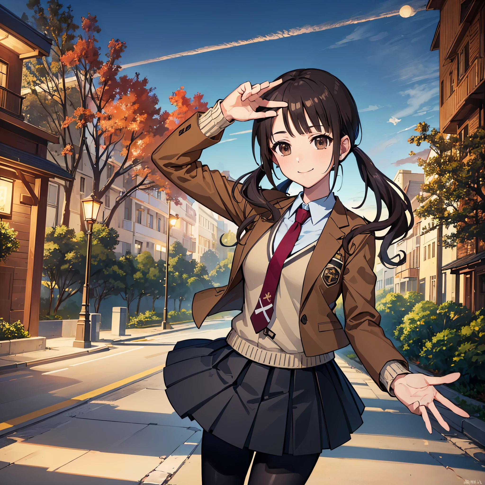 ((Highest quality,masterpiece))8k,Ultra-high resolution,Ultra-high resolution,Super detailed),okitasawa, low twintails,brown jacket, red necktie, yellow sweater vest, blue skirt, pantyhose,Beautiful and perfect face, Perfect Eyes,Face shot,Smiling at the audience,Night Forest,fire Fly