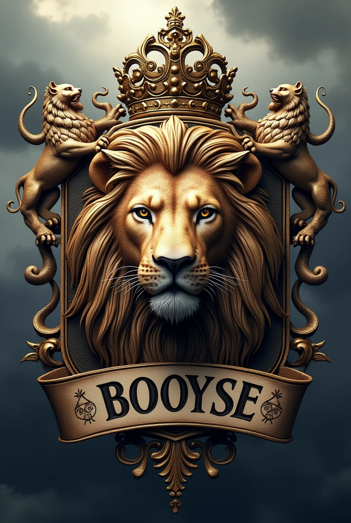 a detailed heraldic crest with a lion's head, BOOYSE written on a cloth banner at the bottom, lions on the sides of the shield, cloudy sky background, intricate design, ornate, medieval style, heraldry, coat of arms, detailed linework, classic, traditional, ornamental, regal, majestic, photorealistic, 8k, hyperdetailed, masterpiece