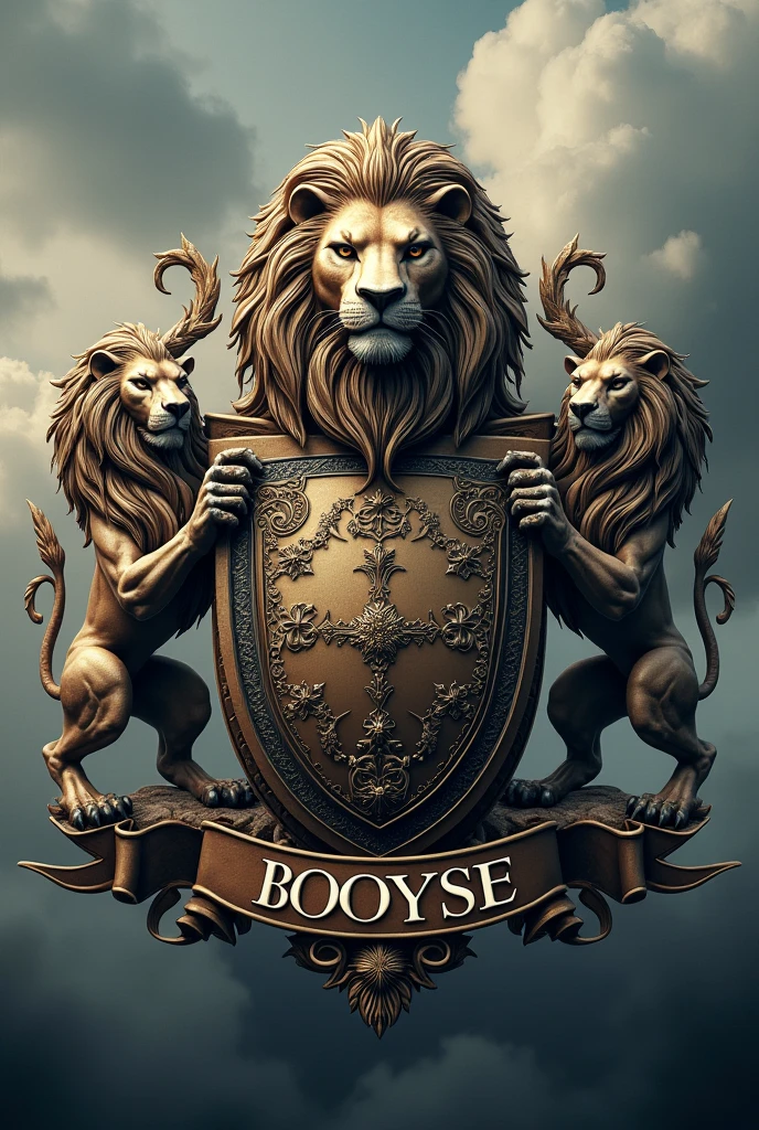 a detailed heraldic crest with a lion's head, BOOYSE written on a cloth banner at the bottom, lions on the sides of the shield, cloudy sky background, intricate design, ornate, medieval style, heraldry, coat of arms, detailed linework, classic, traditional, ornamental, regal, majestic, photorealistic, 8k, hyperdetailed, masterpiece