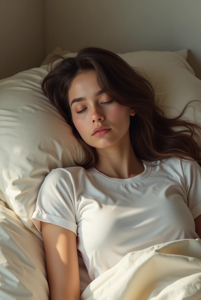 22 year old American girl wearing plain white full sleeve tight tshirt sleeping on bed