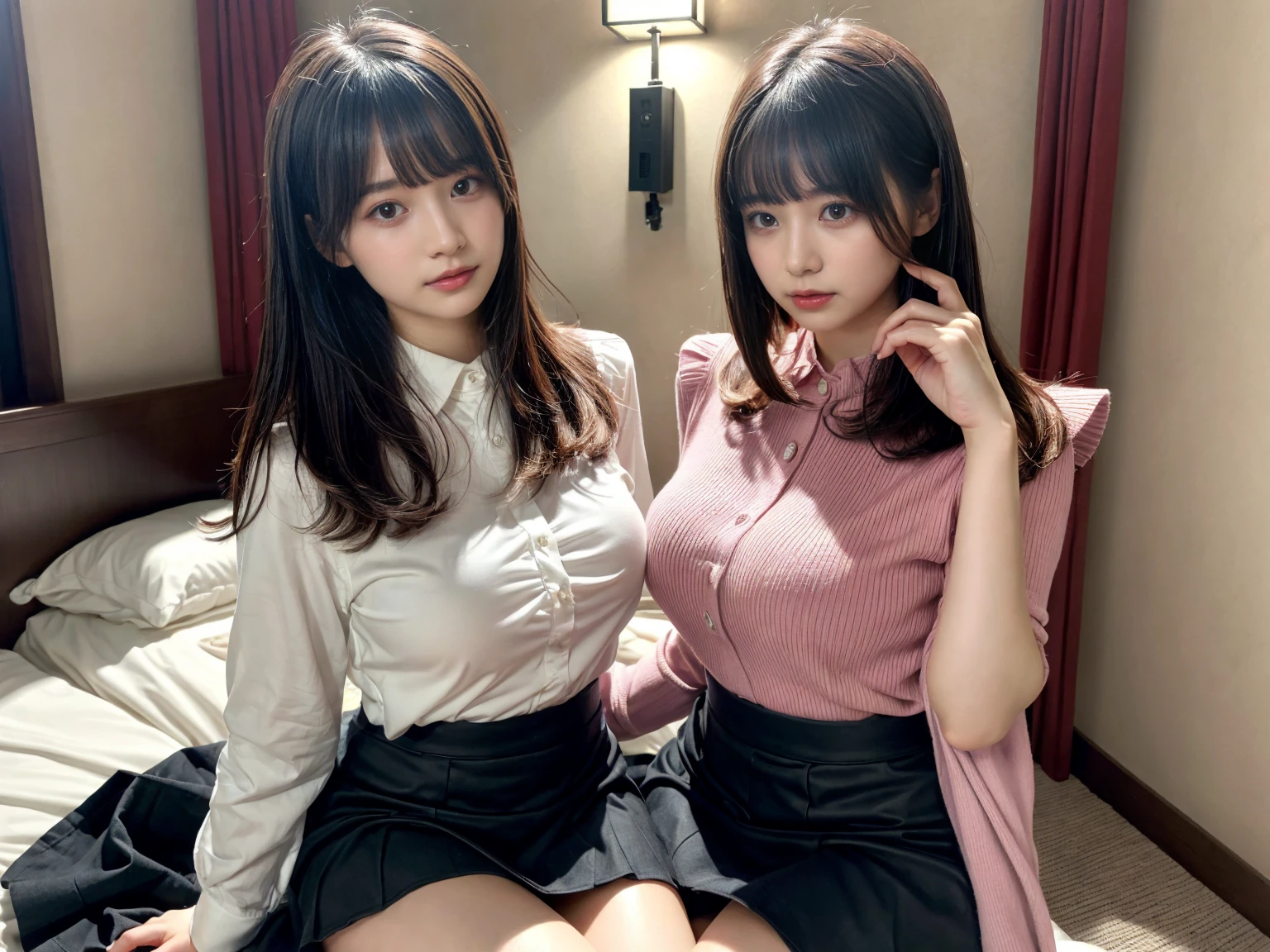 masterpiece, best quality, illustration, Super detailed, fine details, High resolution, 8K,wall paper, perfect dynamic composition,(Details High quality, realistic depiction of eyes:1.3), (2 girls), pink frilled shirt blouse, Black Frilled skirt, sitting, open legs, short bob hair, in a hotel room in the background, deep on field, large breasts, black hair color, Big Natural Color Lip, (perfect body shape), crying a little、Harajuku style、20 year old girl、cute type、beautiful legs, Gravure Idol