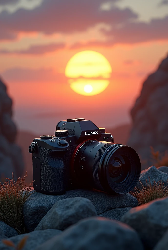 Lumix g7 Camera on foreground and beautiful dawn sun and going moon hyper realistic