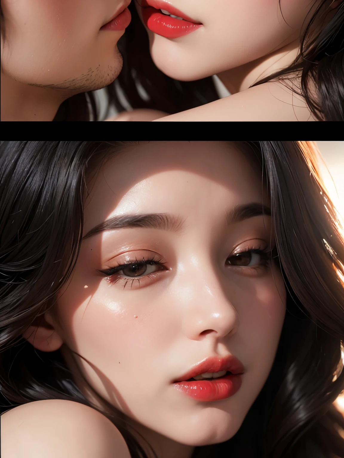 (a romantic and passionate kiss scene in a movie),(best quality, Movie, Best lights and shadows),(close up, extreme close up),(1 woman 1 man),(Long hair:1.2+Set),(Red lipstick:1.4+Black Hair), romantic music, Blurred background