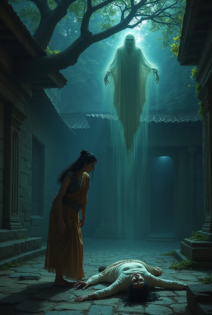 "In a dimly lit courtyard with an ancient tree, a ghostly figure (Pisacha) is seen possessing the body of a dead man. Jayashree, unaware, is bending over the body as the Pisacha, from the tree, watches. The atmosphere is eerie and filled with a supernatural aura."
