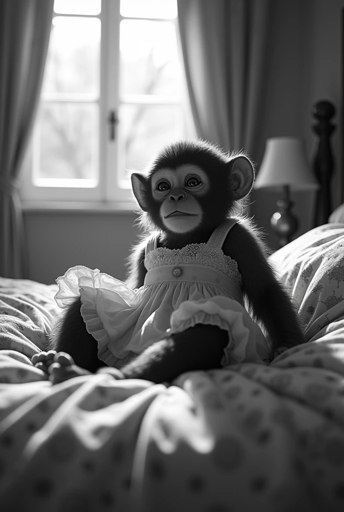 Wake up monkey with dress in a bed room black and white high details with bedsheet bed room background with windows sun light mandala style