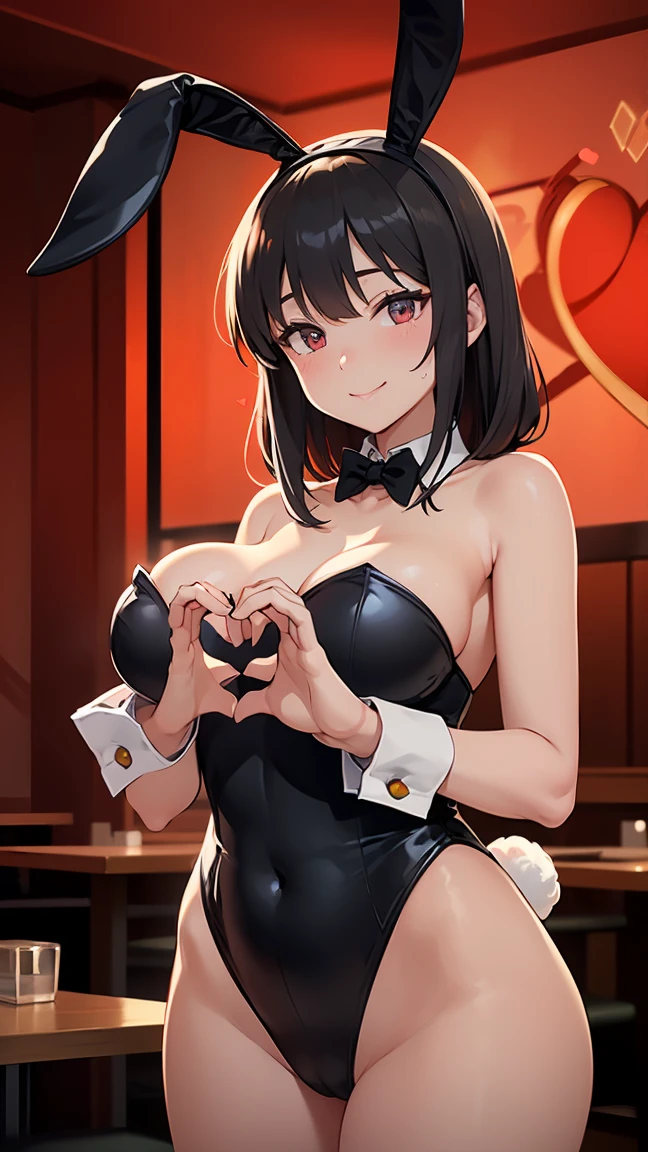 high resolution, extremely detailed CG, unity 8k wallpaper, super detailed skin, perfect anatomy, detailed, cinematic lighting, dynamic lighting, beautiful detailed eyes. (red light district, restaurant:1.5), gigantic breasts.
(playboy bunny, black rabbit ears, wrist cuffs, black leotard:1.5), (making a heart shape with hands:1.7)、Standing facing forward in a crowd. her hair is short and black、Your smile is wonderful.The skin is radiant.