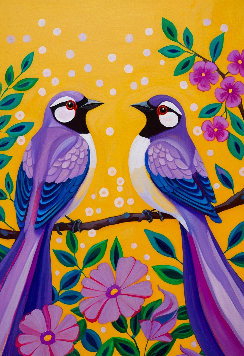 Painting of two birds sitting on a branch with flowers, Inspired by Tomokazu Matsuyama's pastel paintings, flickr, Process art, brightly colored bird, purple and yellow, Cute, colorful and adorable, Lavender and Yellow color scheme, Yellow and Purple color scheme, Mysterious Birds, Beautiful Art, Yellow Purple, Whimsical Art, and purple hues, Lime Green and Violet, Close together