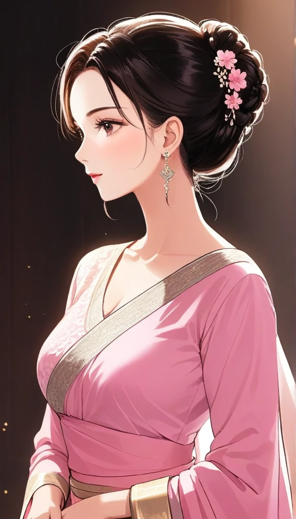 (1woman, mature, hair braid bun , full sleeve blouse,light light pink bold saree, long clip on dangle earrings , detailed alluring