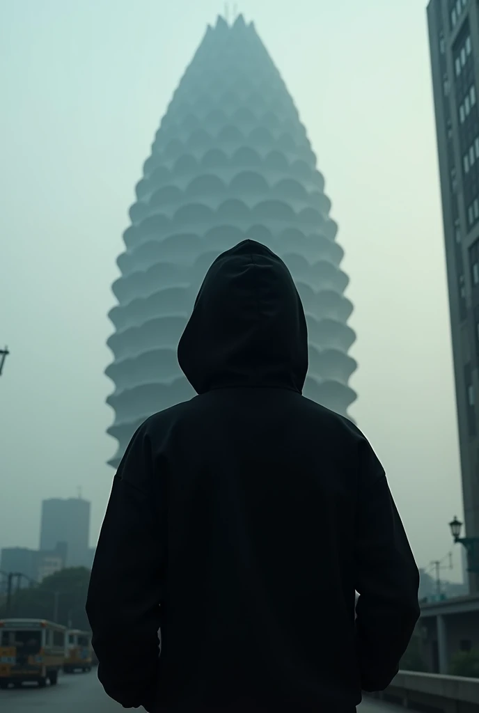 A black hoodie boy standing backwards infront of sri lanka lotus tower