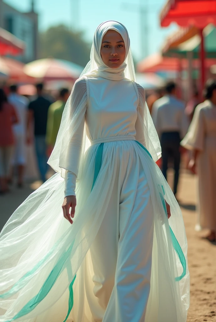 Muslim woman wearing a dress made of used plastic, soft transparent white colour with small blue and green stripes, simple, modern, wearing a long white skirt with blue and green stripes, carnival event, very realistic, very realistic, (complex detail: 0.9), (hdr, hyperdetail: 1.2), RAW, Sony Alpha a9 II, 24-105mm f/4, HDR,