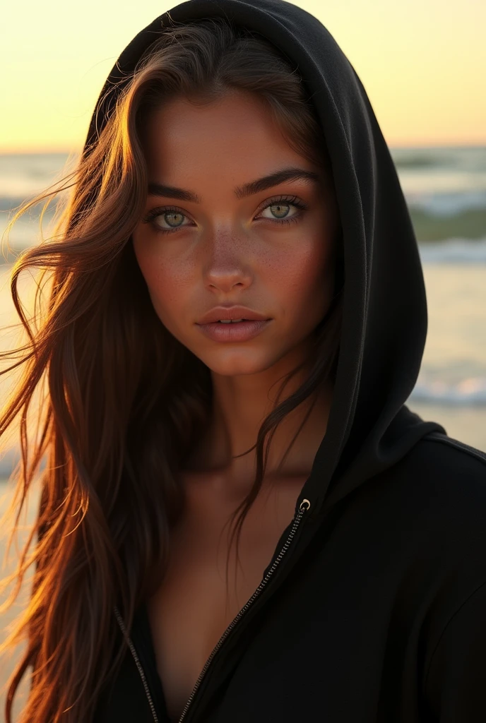 stunning young woman with long brown hair wearing a large black hoodie on a sunny beach. Her skin is tanned and sweat. Detailed face. Front view. Watching the viewer