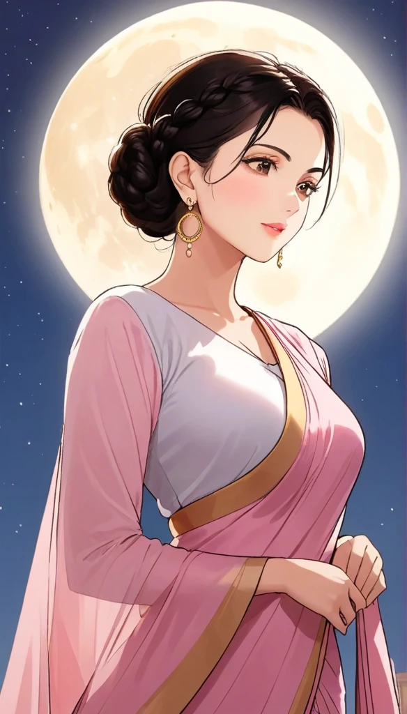 (1woman, mature, hair braid bun , full sleeve blouse,light light pink bold saree, moon earrings , detailed alluring 