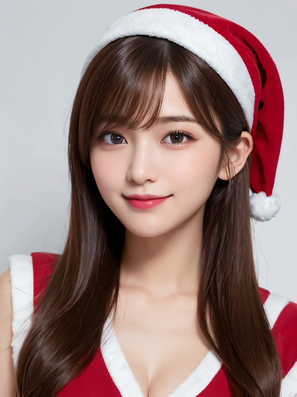 white background, half body portrait, bust shot, looks happy, gentle smile, one girl, (a beauty girl, delicate girl:1.3), (20 years old:1.3), break, (dress up as Santa Claus), break, very fine eyes, (symmetrical eyes:1.3), break, C cup breasts, brown eyes, parted bangs, brown hair, (smile), break, (eyes and faces with detailed:1.0), break, (masterpiece, best quality, ultra detailed, detailed face, 8k)
