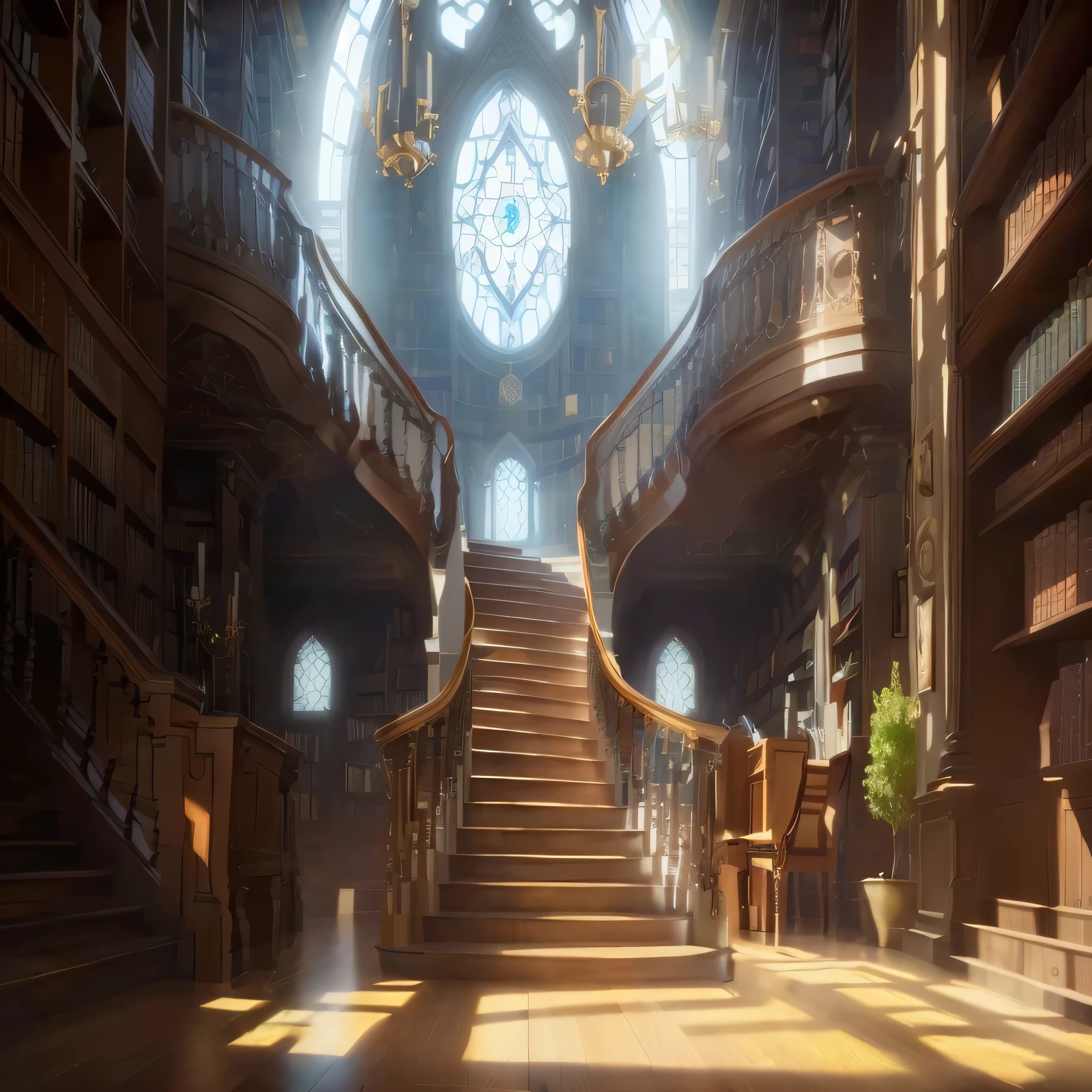 Close up of library stairs with clock on wall, The Alchemist&#39;s Room, Unreal Engine, detailed Unreal Engine 5 render, rendered Unreal Engine 5, Unreal Engine render concept art, cinematic Unreal Engine 5, render in Unreal Engine 5, intricate details. Unreal Engine, Unreal Engine 5 quality render, Unreal Engine 5 render dramatic, Unreal Engine 5 rendering, Blue light, dark