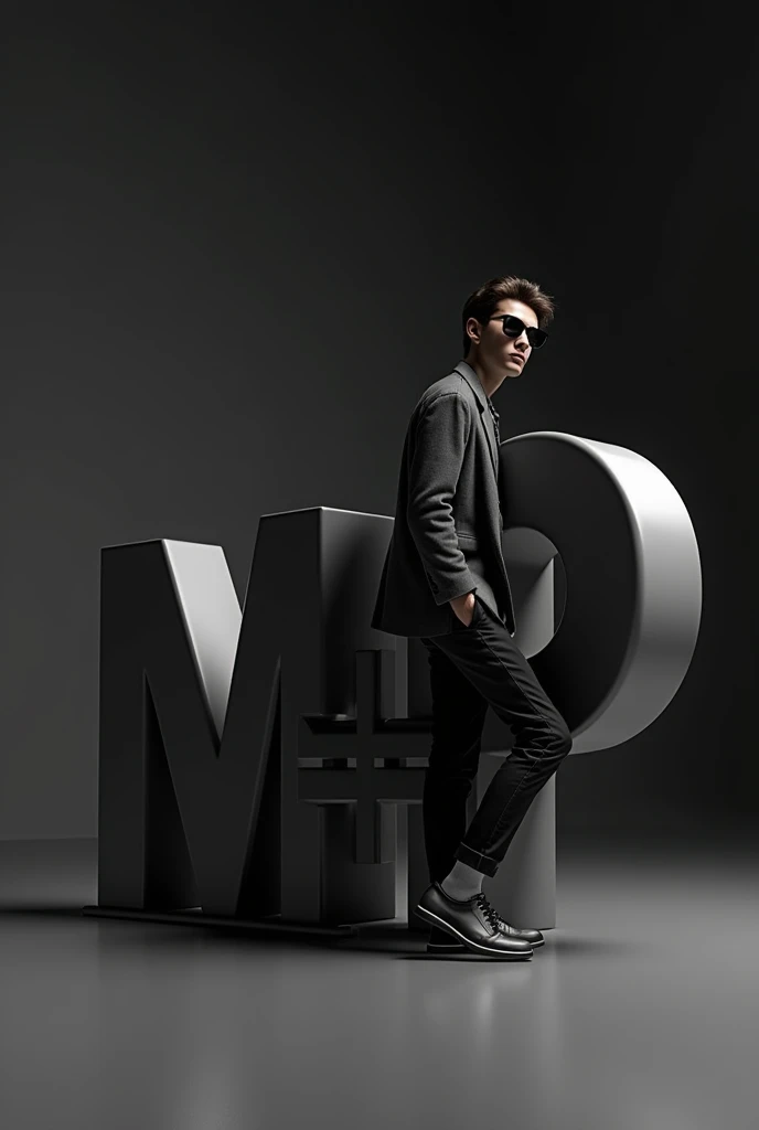 Create an image featuring a large, glossy, "M+P" 3D letter in the foreground with a boy leaning casually against it. The person should be dressed in stylish, monochromatic clothing and have a confident pose. The background should ha a dark gradient to been the focus on the