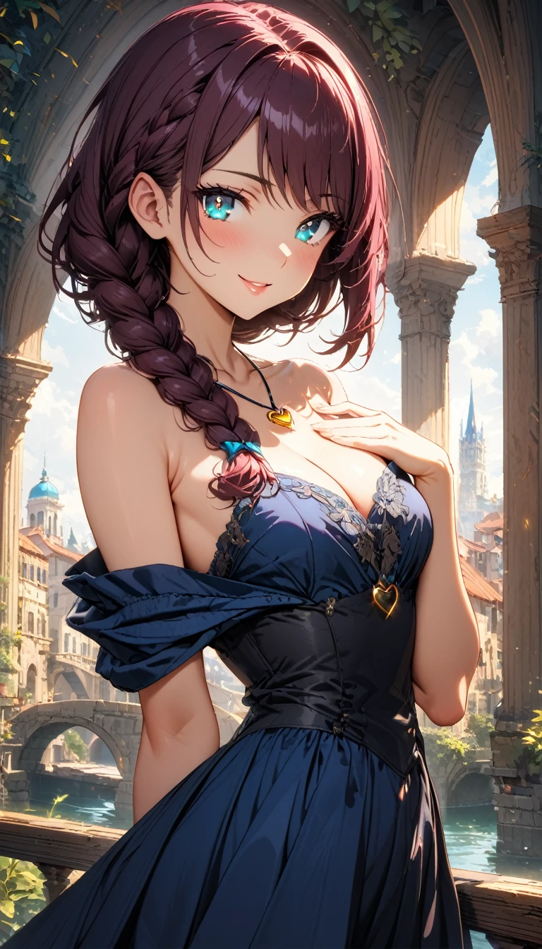 (masterpiece, very aesthetic:1.4), best quality, incredibly absurdres, Accurate, intricate, 8K, stunning, stylized,
ultra-detailed, (incredibly detailed:1.2), simplified details, fine texture,
cinematic, recent, (vibrant:1.2), (clear pictures, clean lines, crisp edges), (illustration), (soft lighting:1.2),
cowboy shot,
BREAK
1 beautiful girl, 18yo, small face, beautiful detailed face, narrow waist, The beauty and danger of growing from a girl to an adult, A symbol of miraculous beauty, Graceful posture, sensual, bewitching woman, (cleavage:0.8),
(burgundy hair, a long single braid hair:1.4), smooth hair, asymmetrical bangs,
BREAK
(aqua blue eyes), black oblong pupils, (slant eyes, glass-like sparkling eyes are blurry and dreamy, beautiful detailed eyes, growing eyes, long delicate eyelashes, Meticulous Eyelash Details),
BREAK
(navy blue dress, off shoulder, Strapless dress, Sleeveless:1.3), (black corset), (a tiny heart-shaped golden colored ring pendant:1.4),
BREAK
A fantasy world cityscape, sunny afternoon, A city resembling Venice with canals, (Leaning against the railing of a bridge over a large river), Bright lighting, Beautiful world, Blown by the gentle wind, Soft sunlight that induces afternoon drowsiness,
BREAK
gorgeous lips, natural pink lips, beautiful detailed lips, Glossy,
(seductive smile:1.3), (looking side glance), (left hand on own chest:1.2), perfect eyes,