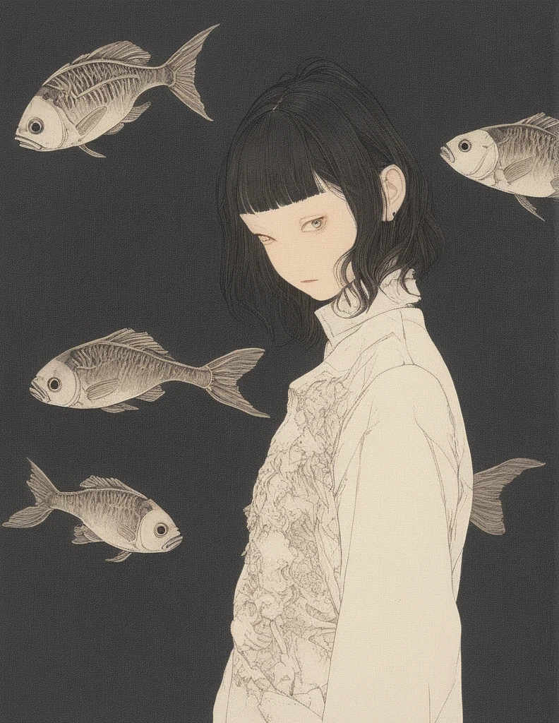 Takato Yamamoto style、Please generate an illustration of a beautiful girl observing an exhibition room in a museum filled with fish bone specimens. The main thing is fish specimens. The exhibition room is dark and only the fish bone specimens are lit up. Incorporate fantasy elements with magical landscapes. Please make it look like the key visual of the anime. --s 1000 --c 1 --style raw --no lowest detailed , lowest quality , poor illustration , flat , realistic --niji 6 --sref 3277626525