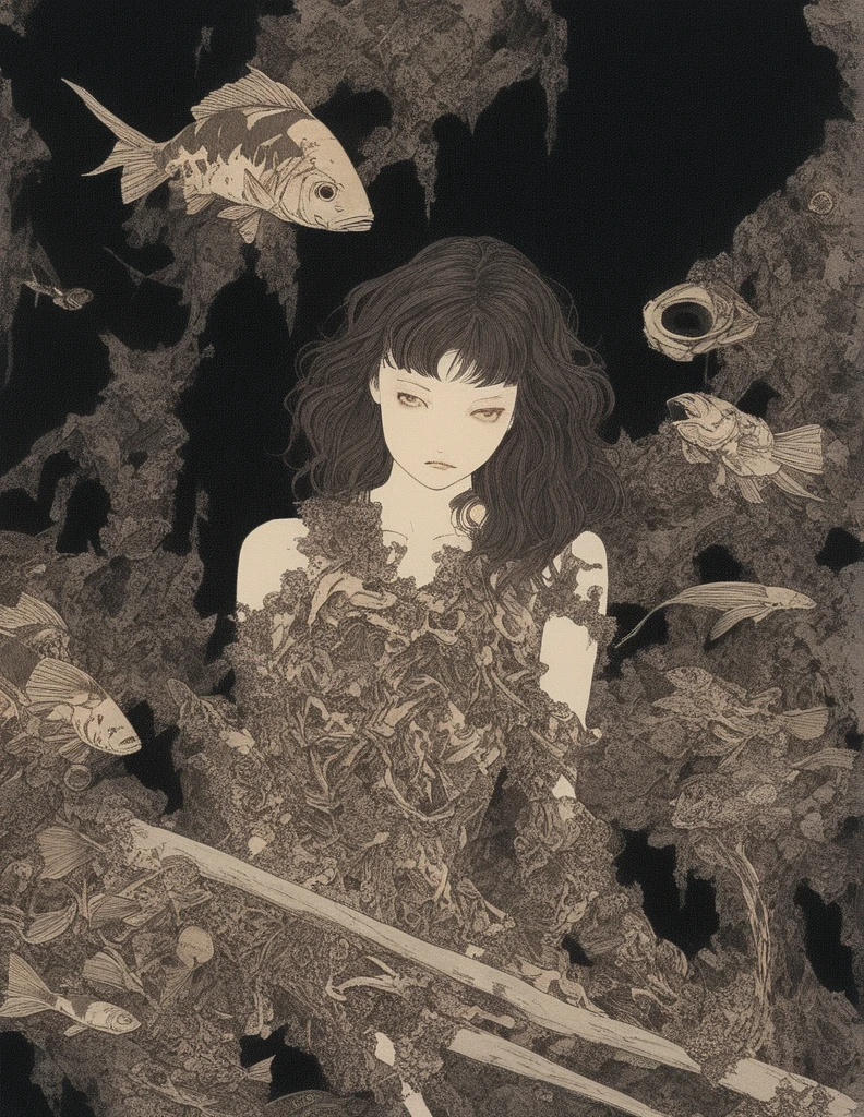 Takato Yamamoto style、Please generate an illustration of a beautiful girl observing an exhibition room in a museum filled with fish bone specimens. The main thing is fish specimens. The exhibition room is dark and only the fish bone specimens are lit up. Incorporate fantasy elements with magical landscapes. Please make it look like the key visual of the anime. --s 1000 --c 1 --style raw --no lowest detailed , lowest quality , poor illustration , flat , realistic --niji 6 --sref 3277626525