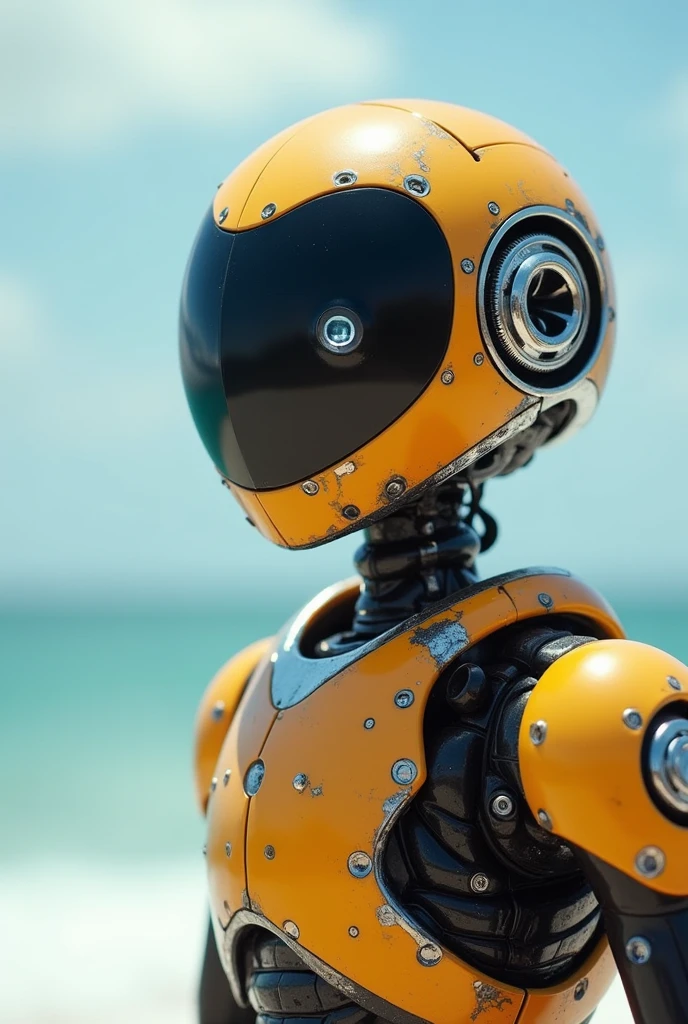 facing the camera, looking at the camera, robot surfer looking at the camera with a smile