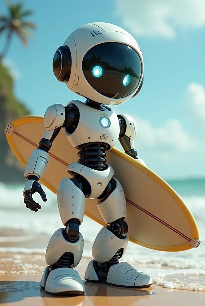 facing the camera, looking at the camera, robot surfer looking at the camera with a smile