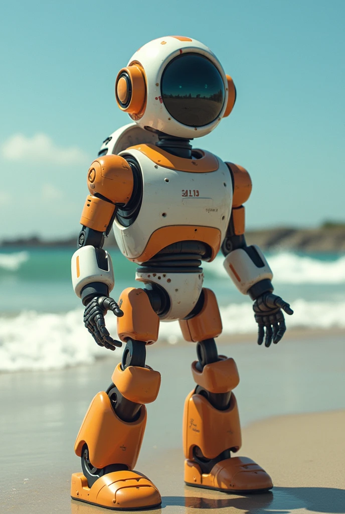 facing the camera, looking at the camera, robot surfer looking at the camera with a smile
