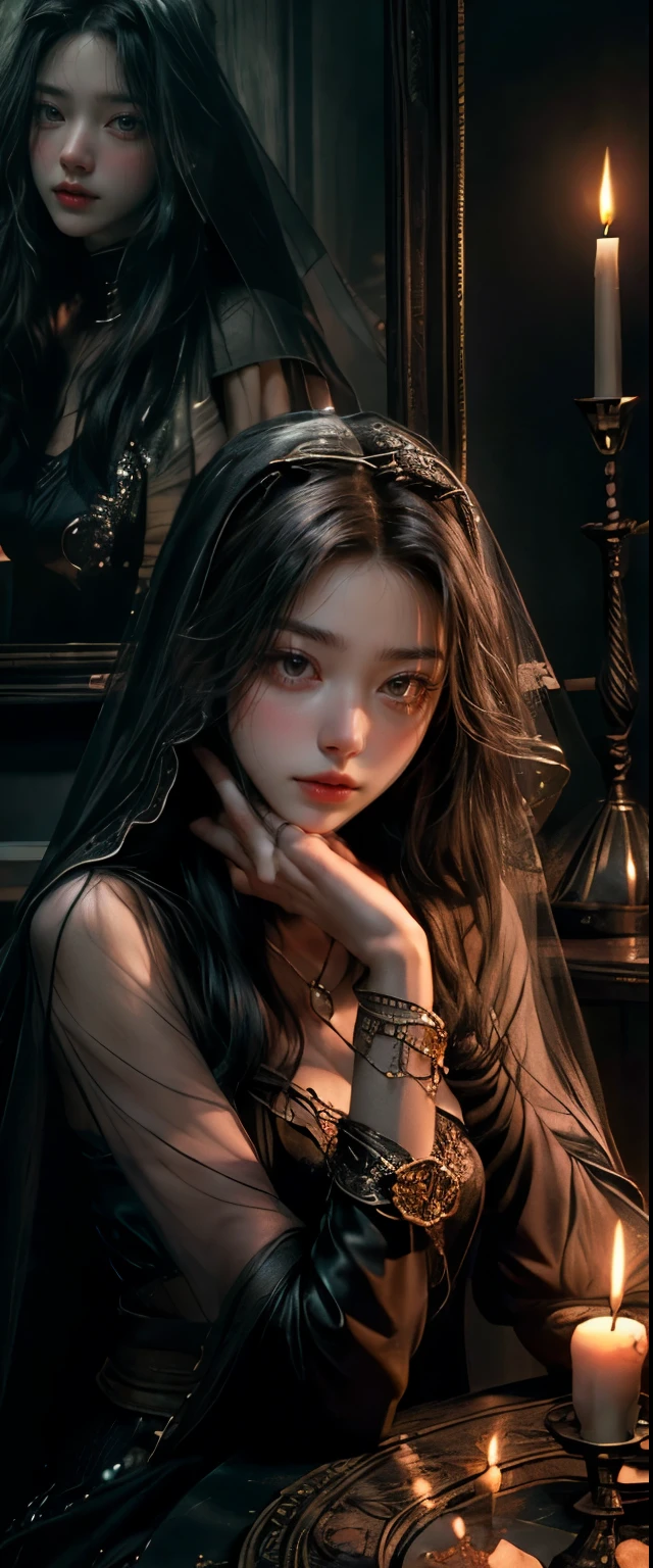 ((masterpiece, highest quality, Highest image quality, High resolution, photorealistic, Raw photo, 8K)), Tarot Cards, Tolkien, Middle Earth, ((Tarot cards laid out on the table:1.5)), (Fortune teller whose face is hidden by a veil:1.5), 8k, highly detailed, hyperrealistic, cinematic lighting, ambient lighting, Tarot cards laid out on the table, earrings, choker, necklace, jewelry, rings, dark lipstick, dark makeup, circlet, sitting behind! a table, one! fortune teller orb on the table, one! skull on the table, candles, in a small dark medieval room,