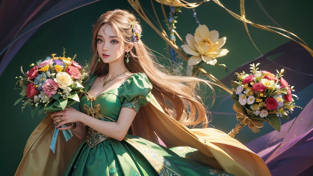 32K, 最高quality, 最高masterpiece, (ultra-Detailed Background, Detailed Background), High resolution, Super detailed, Very detailedな, One girl, (bouquet:1.3), (Tangled:1.2), (Geometric:1.2),(colorful),(masterpiece, quality, best quality, Official Art, Beautiful and beautiful:1.2), (1 girl:1.3), Very detailed,(colorful:1.1)(Flowers:1.3),Most detailed,(Tangled:1.2), whole body, (Abstract background:1.3), (Skin glows), (Many colors:1.4), ,(Earrings Jewelry:1.5), Light green background,