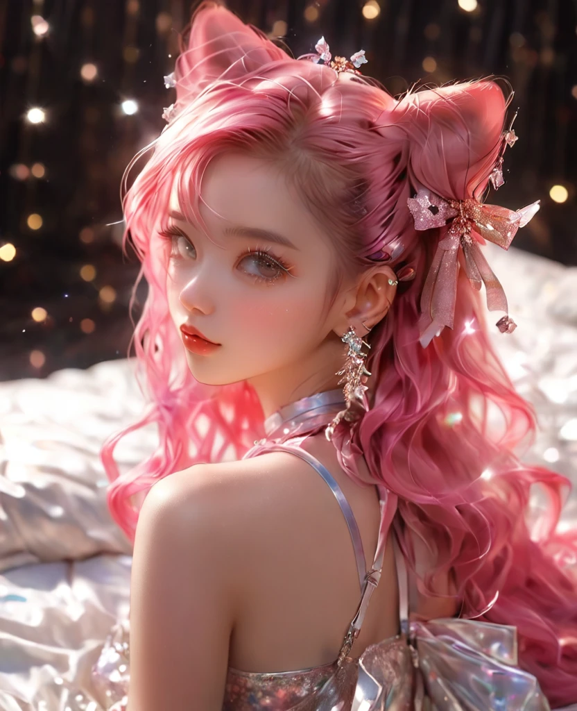 8K,Asian cute girl,an extremely delicate and beautiful,Beautiful and realistic skin,Shiny jewel-like earrings,Bedhead,like glitter pink hair,,beautiful eyes,full body