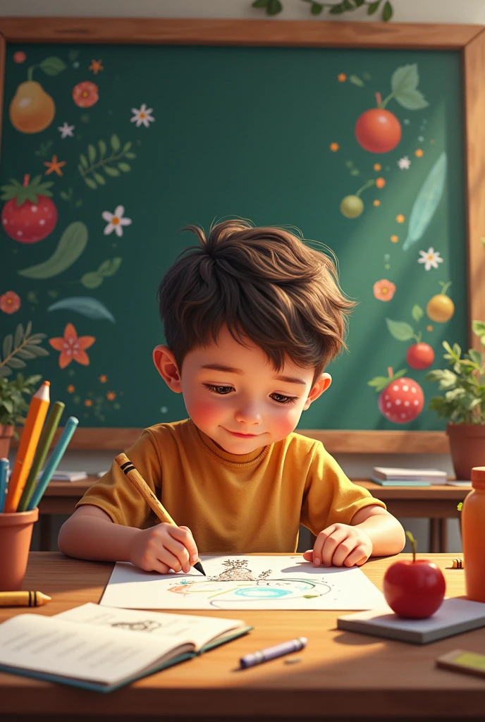 A cartoon of a who is seated at a desk, intently drawing on a piece of paper with a crayon in his hand. He is facing forward. Surrounding him on the desk is a lively assortment of illustrations: a delicate rose, a peaceful lotus, and a bright tulip add a floral touch, while playful images of a cat, a dog, and a sheep bring a whimsical charm. There are also depictions of an apple and a strawberry, alongside a carrot and a cabbage, creating a colorful and diverse collection.
At the center of this scene is a blackboard, its dark surface framed with a wooden border, adding a classic touch to the setup. Nearby, a few crayons are scattered across the desk, their vivid colors hinting at more creative endeavors. The blackboard stands as a focal point, perhaps awaiting future drawings or notes, while the boy's engaging activity and the cheerful illustrations around him create a delightful and inspiring environment.