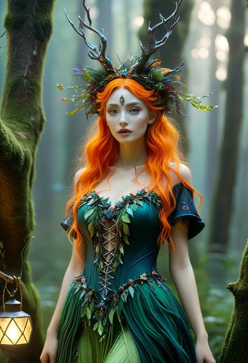 high quality, 8K Ultra HD, 一位迷人女性的Surrealism肖像.
最high quality,masterpiece:1.2,details,A full-body image of a beautiful forest witch wearing a decorative dress., Exquisite facial features,Witch fashion, Dynamic poses, Fairy tale lights, Surrealism, Ultra-maximalism, Crazy details, 4K